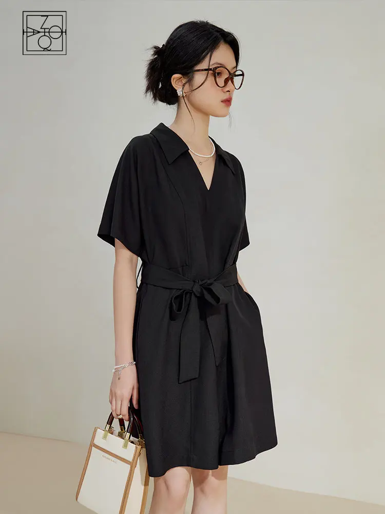 

ZIQIAO Temperament Thin Shirt Jumpsuit for Women Summer Chic Lace-up Waist High-quality Commuter Wide-leg Short Pants Female