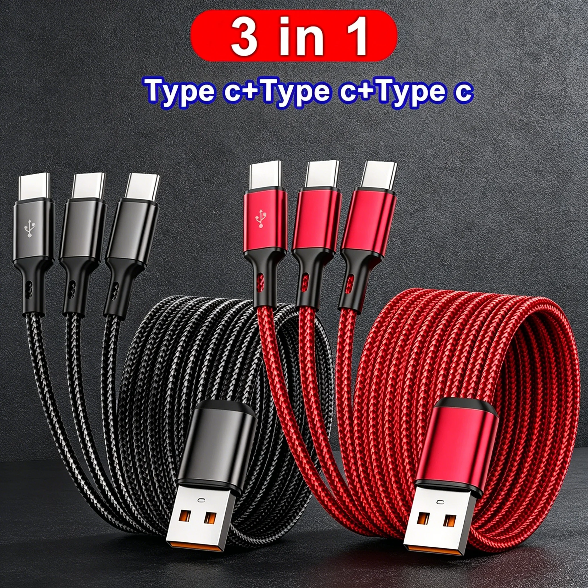 100W 6A 3 in 1 USB to to Type-C Fast Charging Cable PD Multi Port Nylon Braided Data  Charging Cord For Samsung Xiaomi 15 Huawei
