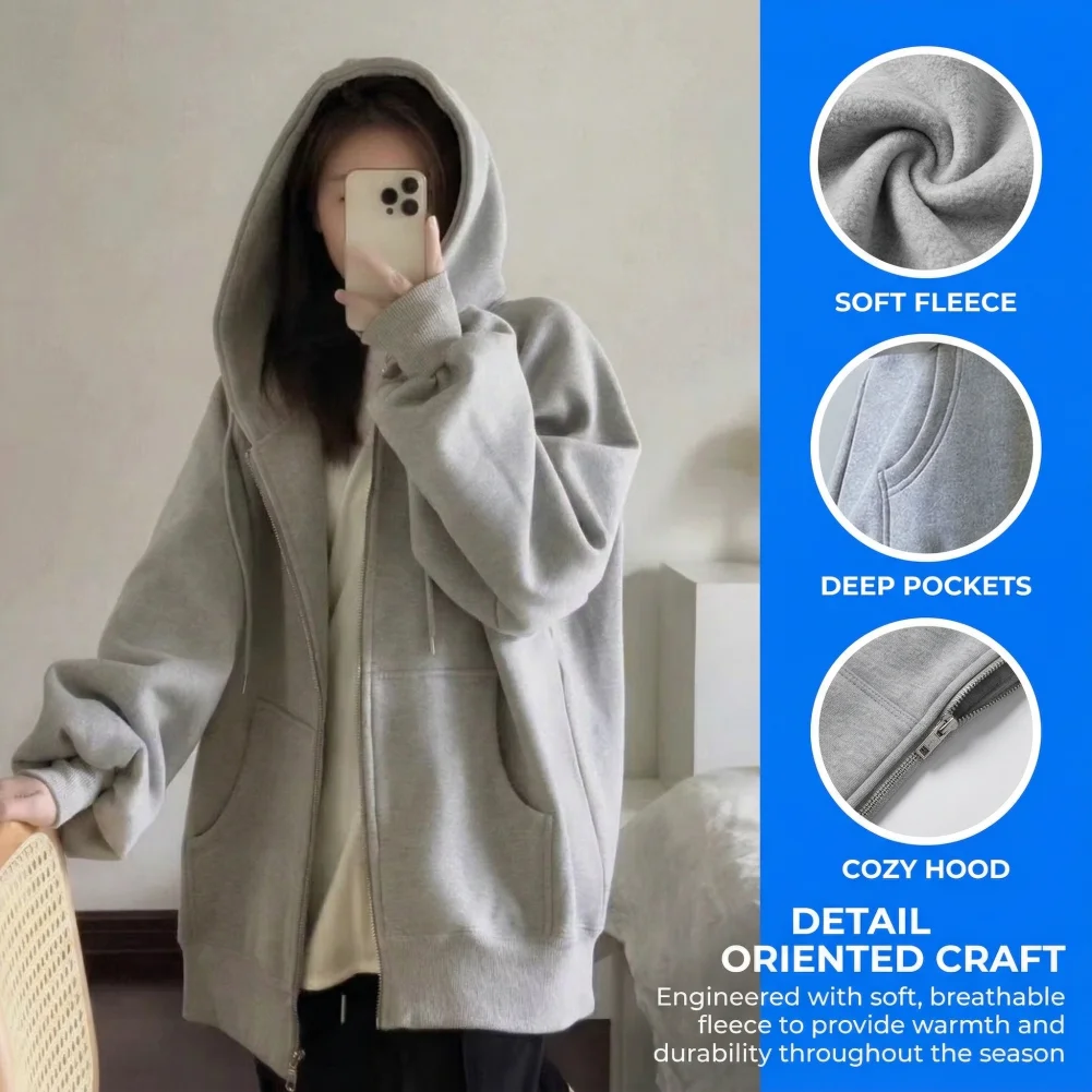 

Women Loose Style Fleece Hoodie Women’s Oversized Zip Up Hoodie Fleece Lined Long Sleeve Sweatshirt Hooded Coat with for Fall