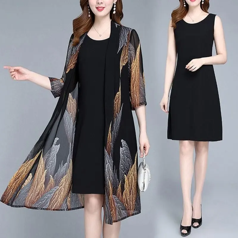 

Two Piece Set Dress Sets Female Clothing Round Neck Summer Half Sleeve Vintage Printed Slim A-Line Matching Sets JJ877