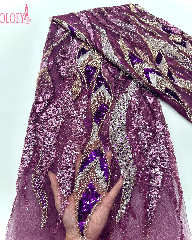 

OLOEY France High-End Luxury Elegant Handmade Beaded Lace Fabric Nigerian With Sequins Mesh Lace Fabric For Wedding Dress