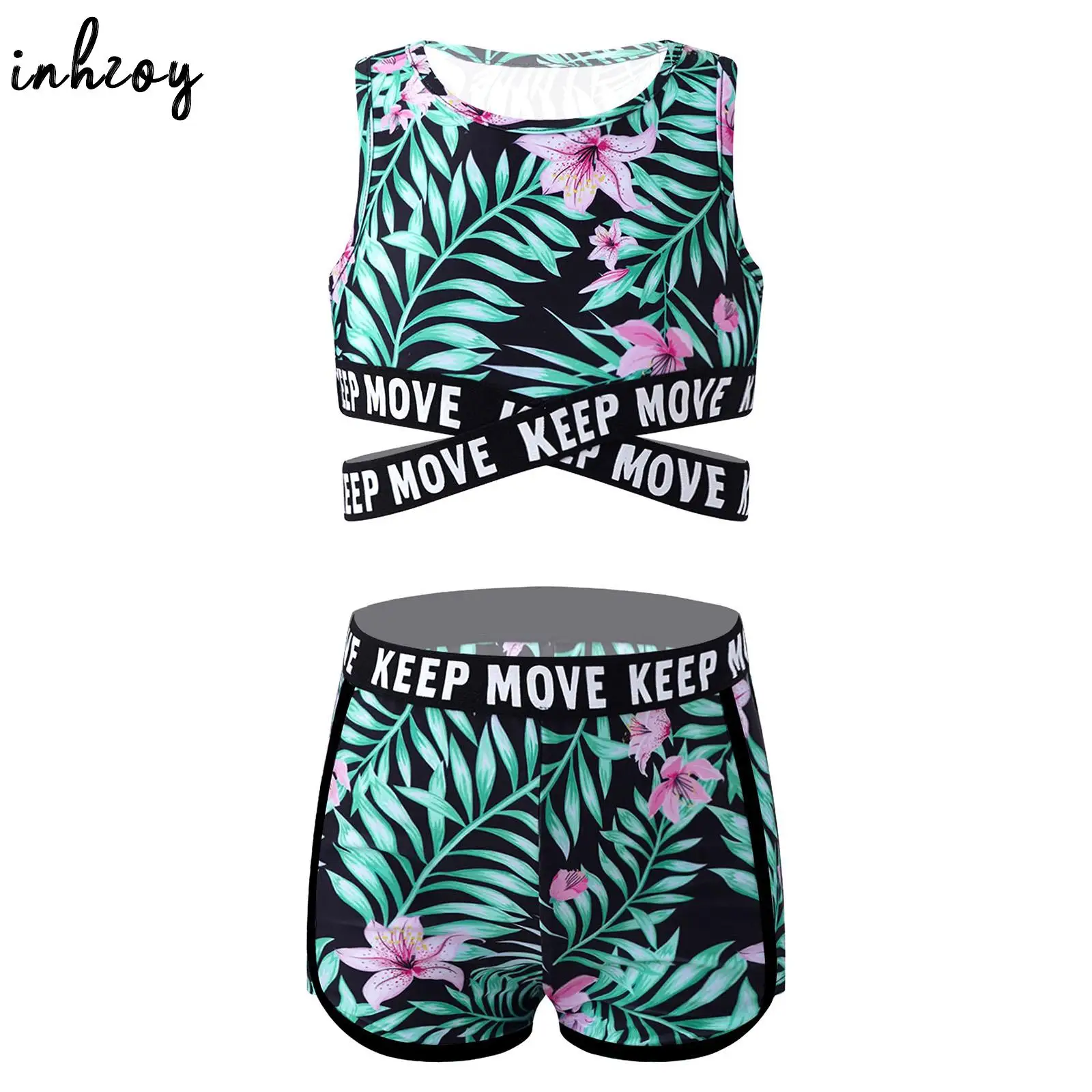 Kids Girls Sports Swimsuit 2 Pieces Bathing Suit Letter Bandage Cross Sash Crop Tank Tops and Shorts Tankini Swimwear Beachwear