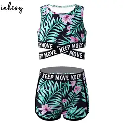 Kids Girls Sports Swimsuit 2 Pieces Bathing Suit Letter Bandage Cross Sash Crop Tank Tops and Shorts Tankini Swimwear Beachwear