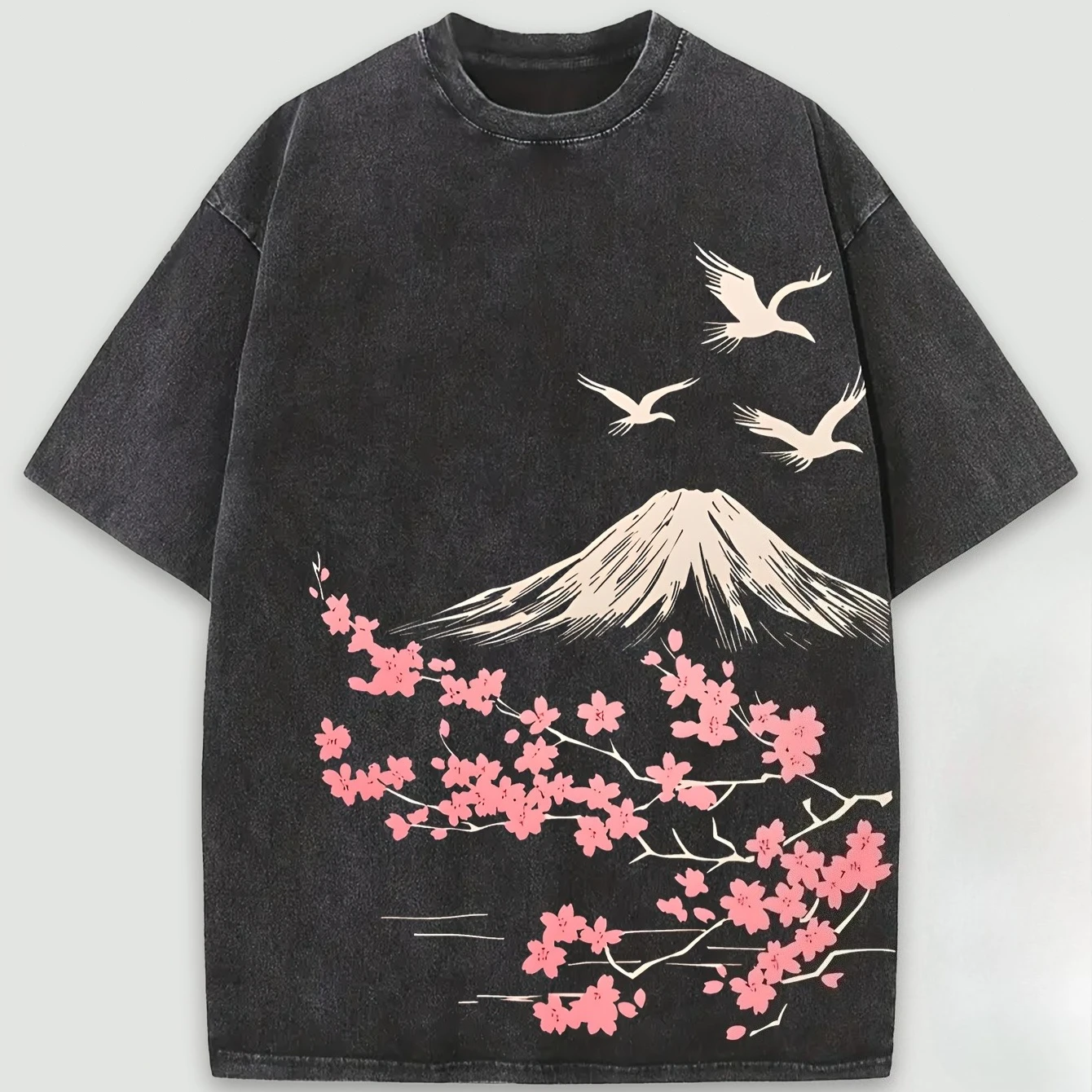 Washed Vintage Mount Fuji Sakura Graphic T Shirt Crane Cherry Blossom Art Print Unisex Cotton Crew Neck Short Sleeve Street Tee