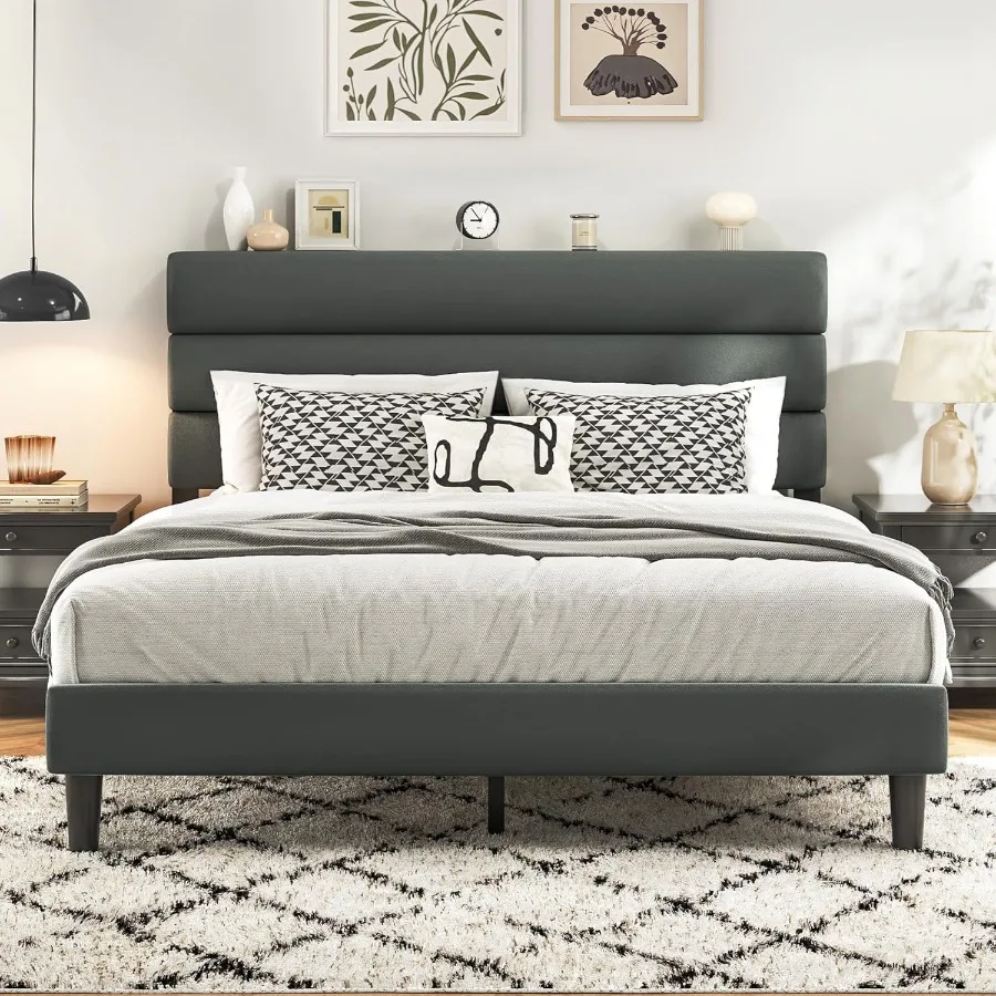 Queen Size Bed Frame with Velvet Upholstered Headboard Designed for Modern Bedrooms No Box Spring Required Sturdy Metal Support