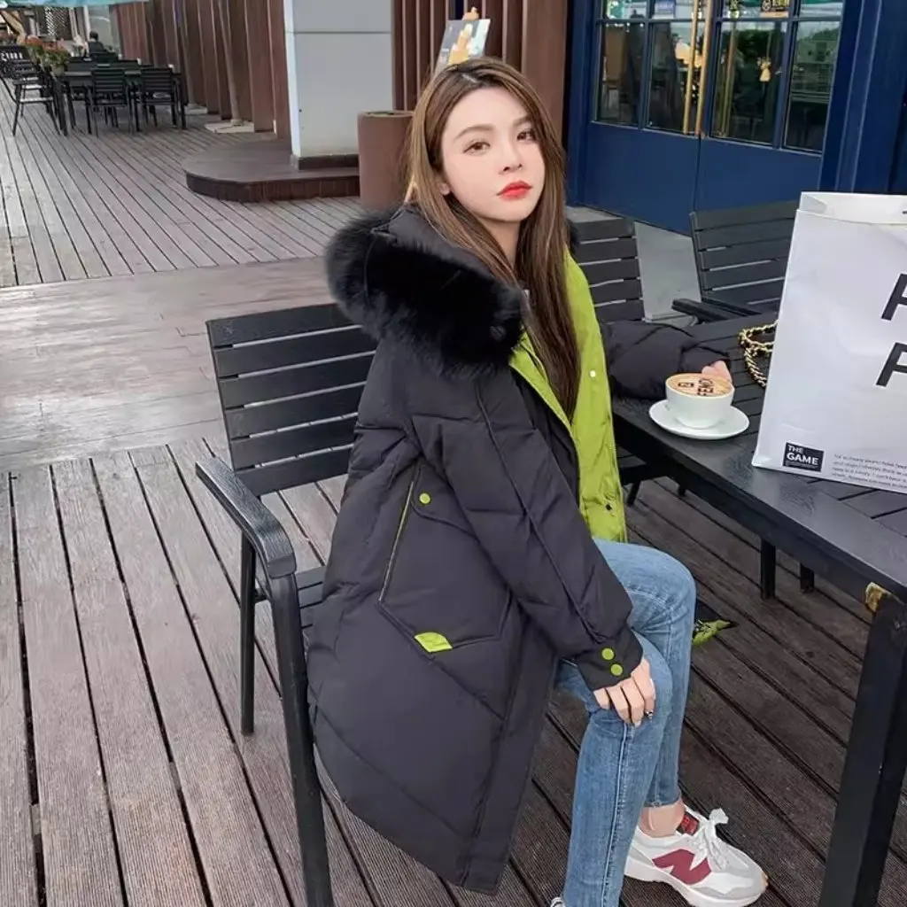 

Women's Korean Style Cotton Jacket with Big Fur Collar Mid-Length Thickened Warm Bread Cotton-Padded Contrast Color