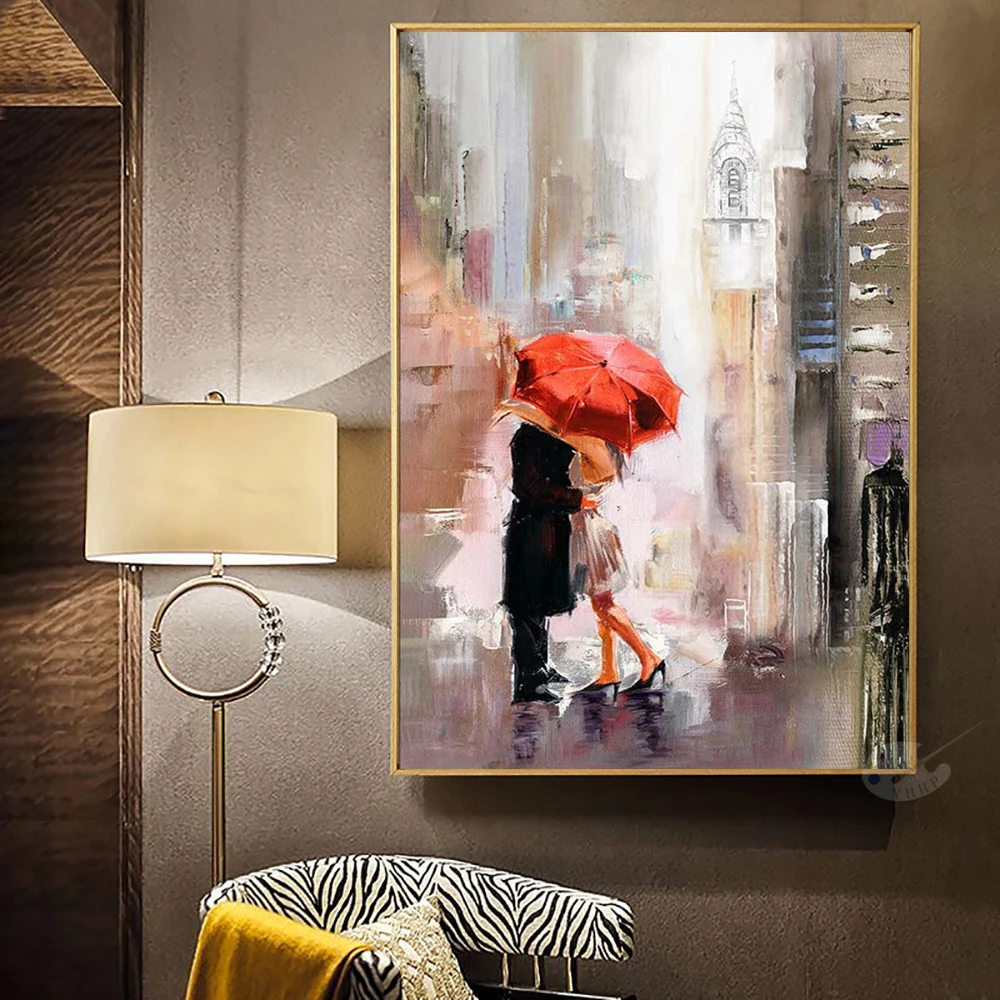 

100% Hand Painted Canvas Oil Paintings Abstract Romantic Rain Street Landscape Wall Art Decoration Living Room Decor Home Mural