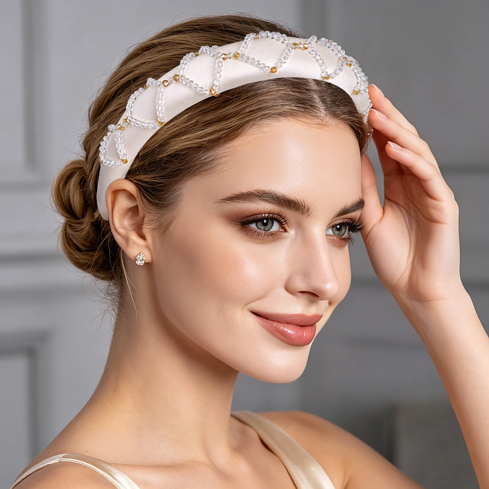 

Elegant Women's White Satin Hairband, Crystal Beaded Grid Padded Head Hoop, Fashion Hair Accessories for Bridal SA124