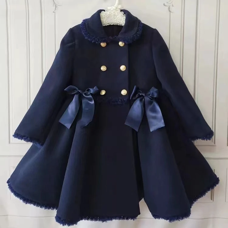 

1-12Y Baby Girl Autumn Winter Navy Blue Handmand Customized Palace England Spanish Princess Wool Lace Coat for Casual