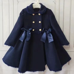 1-12Y Baby Girl Autumn Winter Navy Blue Handmand Customized Palace England Spanish Princess Wool Lace Coat for Casual