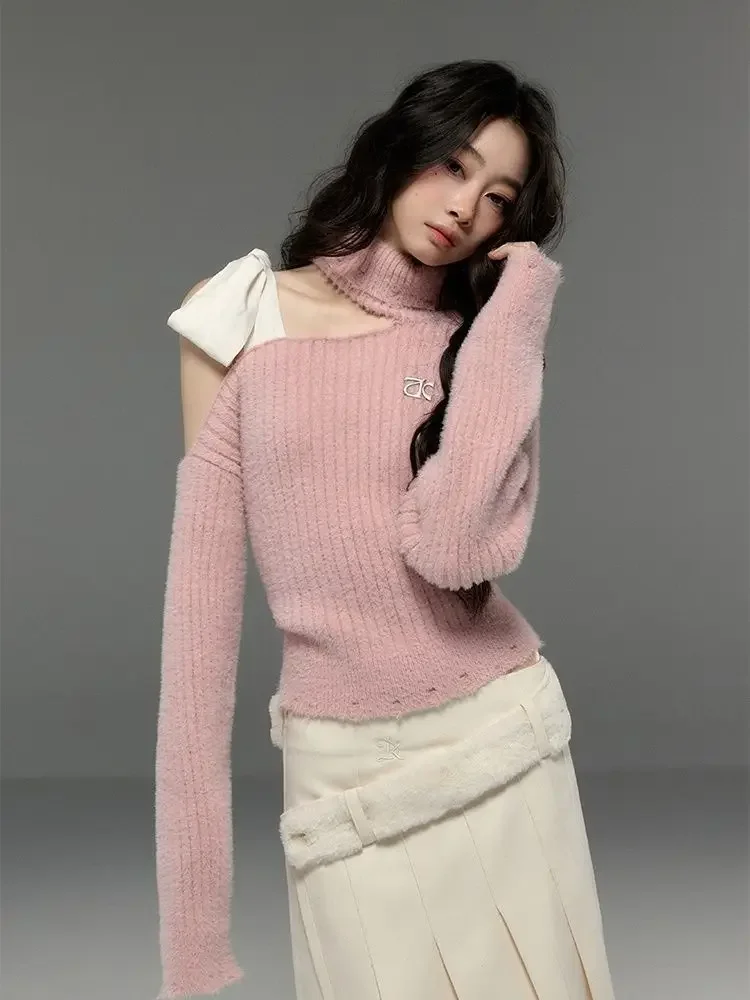 

Cashmere Grunge Sweet Y2k Aesthetic Bow Sweaters Knitted Vintage Loose Women Pullovers Streetwear Chic Off Shoulder Sueter Mujer