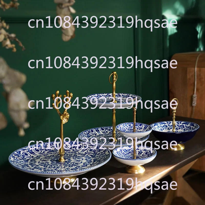 Blue and White Porcelain Brass Basket Fruit Tray Single-layer Double-layer Art Dim Sum Tray Decorative Storage Tray