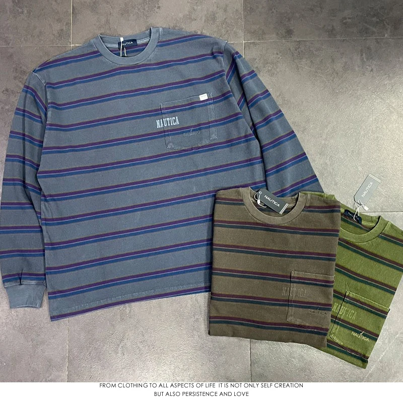 

Ретро-японская футболка с длинным рукавом, свободного кроя, с круглым вырезом, с эффектом вощеной ткани, с полосатым принтом, молодежная мода, весна-осень