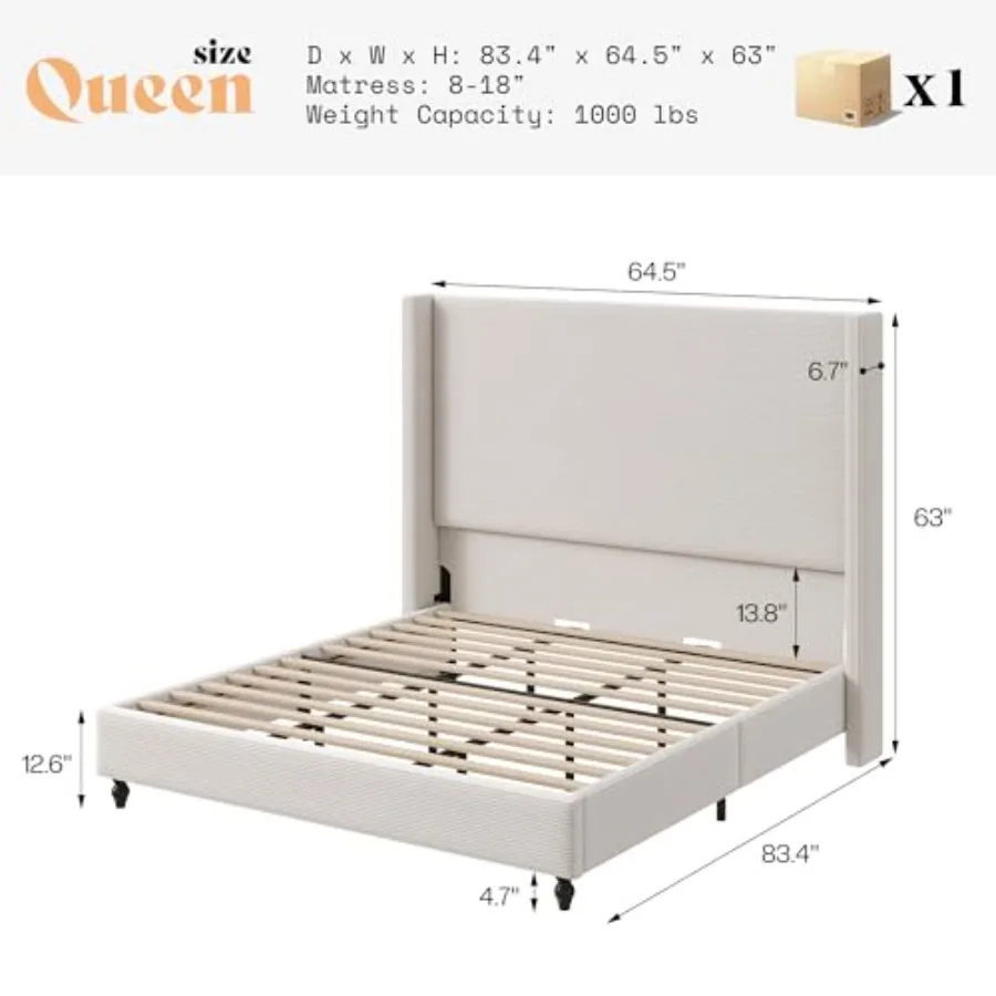 Upholstered Bed Frame with 63 Headboard Wingback for bedroom, velvet fabric, charcoal gray, tufted design and soft padding