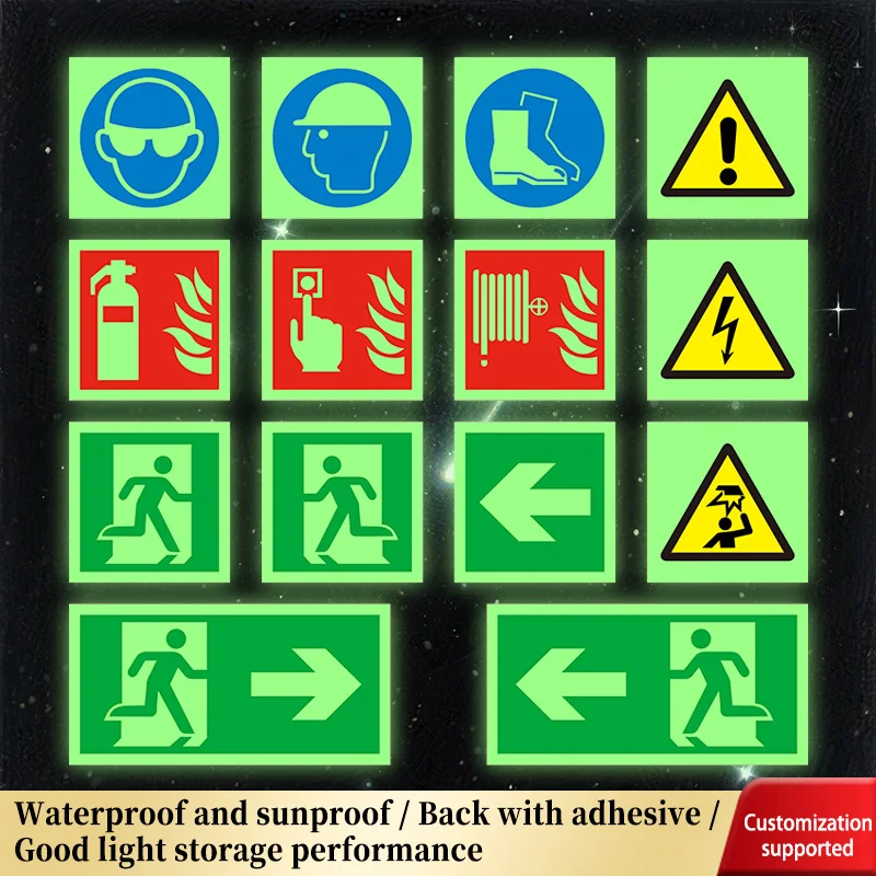 Luminous safety sign, glowing emergency evacuation direction sticker with green border and white arrow, clearly indicates escape