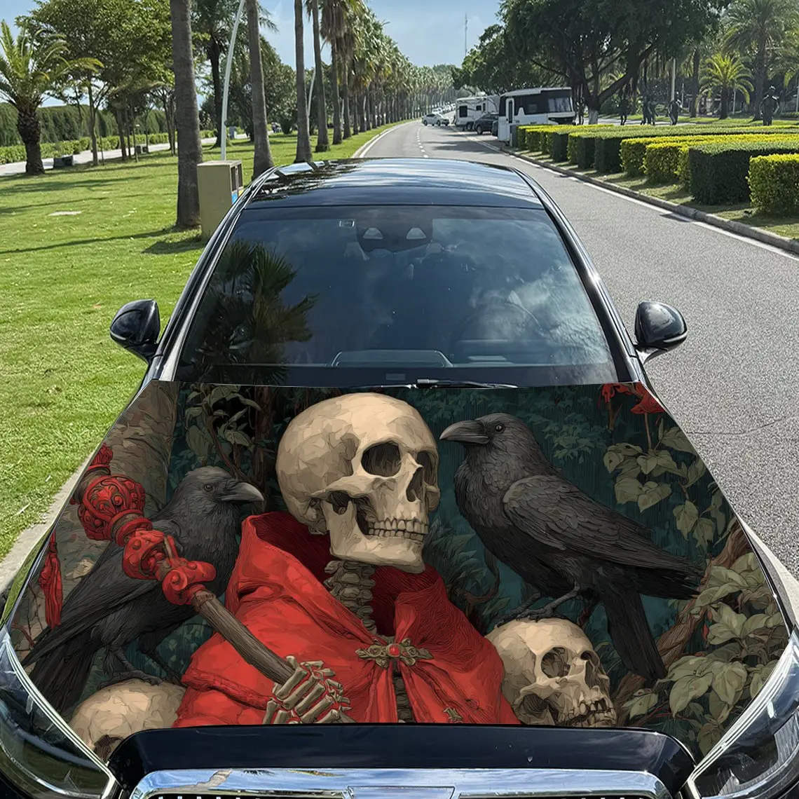 

Eerie Red Robed Skull, Skulls and Crow Car Hood Sticker, Waterproof Self-adhesive Vehicle Vinyl Wraps Decal, Trendy Auto Exterio