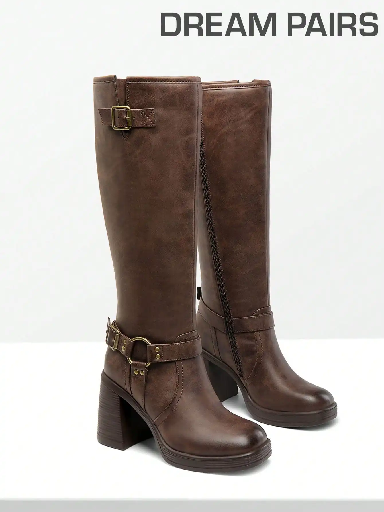 Women's Chunky Heel Platform Knee-High Boots Square Toe Side Zipper Adjustable Straps Buckle Decorated Motorcycle Riding Boots Brown Boots