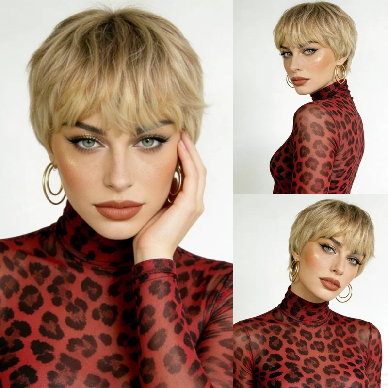 

Европейско-американский парик с золотисто-коричневыми прядями, челкой и короткими волосами, из синтетического волокна, машинного производства.