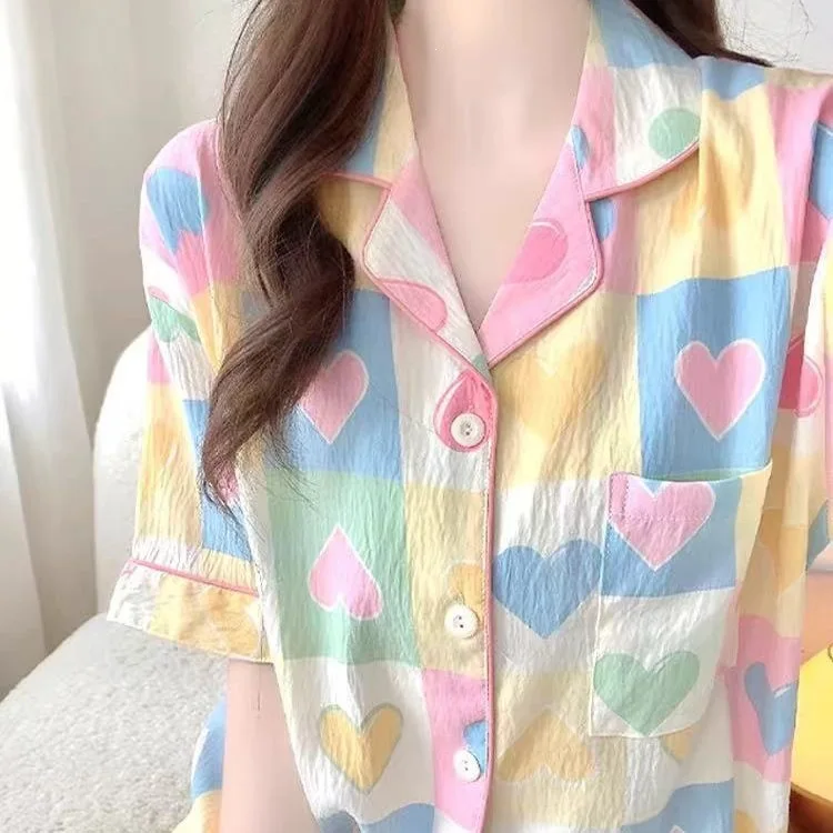 Summer New Women's Short Sleeved Home Clothes Set Cartoon Breathable Collar Short Sleeved Shorts Comfortable Thin Pajama Set - view 2