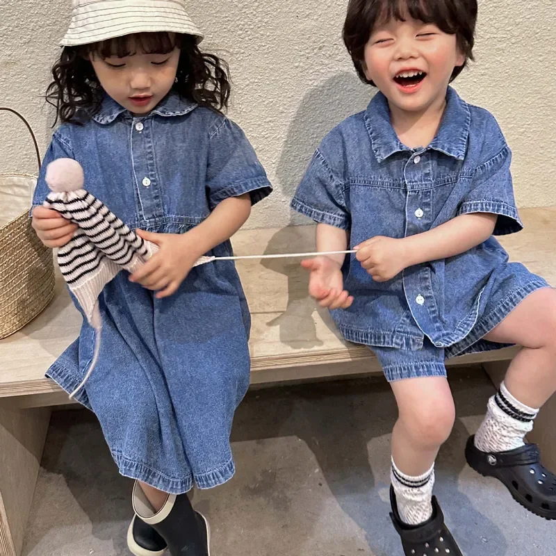 Summer denim set turn-down collar T-shirt simple shorts jeans girls dresses sibling outfits casual dresses for children Girls