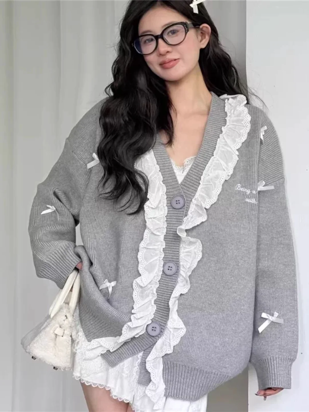 Sweet And Spicy Lace Trim Knitted Cardigan Women's Loose Fit V-Neck Long Sleeve  Knot Sweater Coat Casual Style Spri...