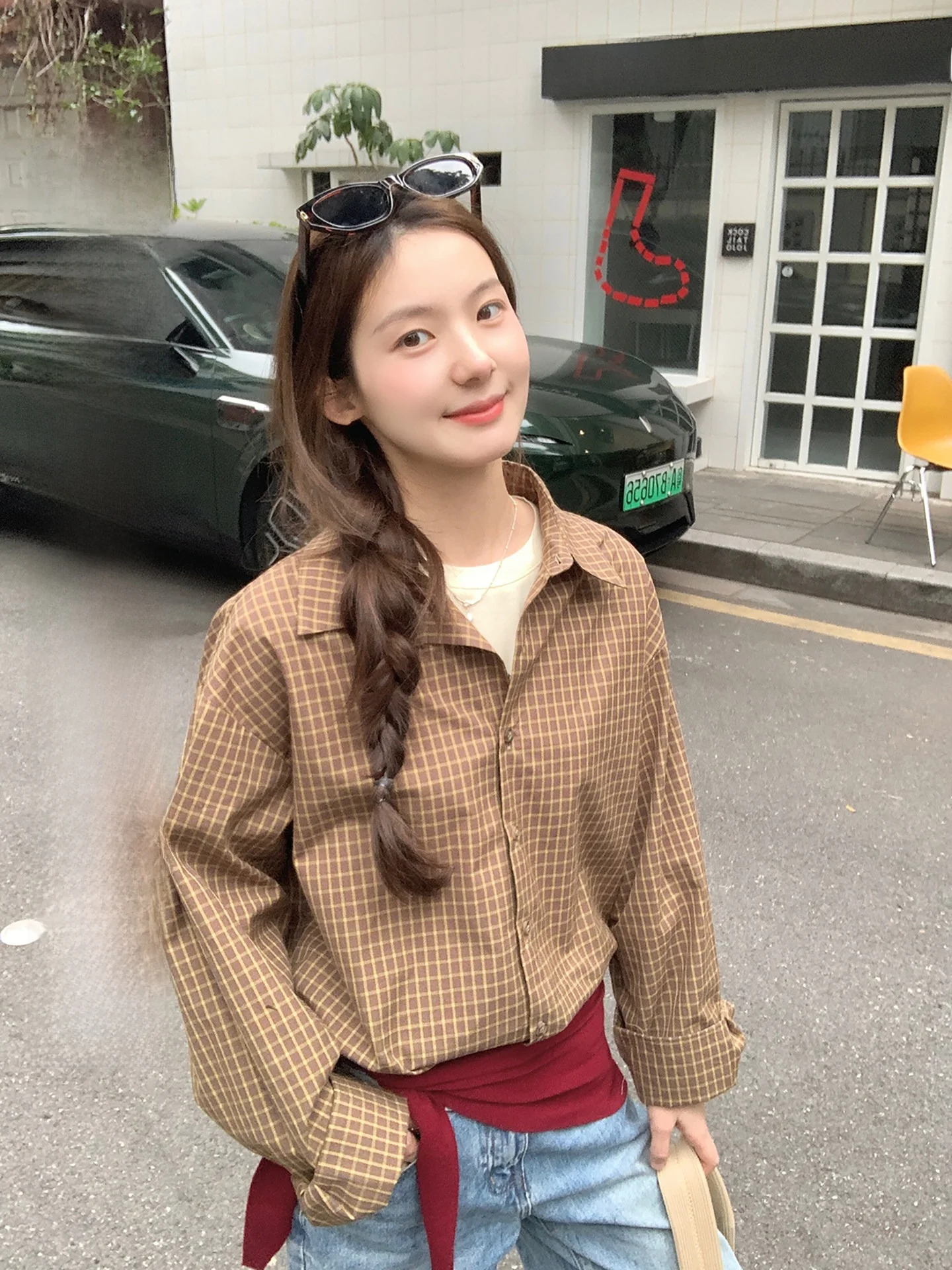 

Cheese Rabbit Plaid irt Women's Casual Loose American Sle Spring 2026 New Cotton Long Sve Collar Button up Top