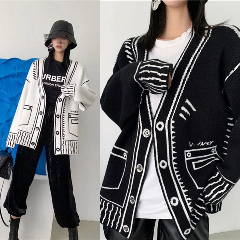 

Y2K Harajuku Print Knitted Cardigan Top for Womens V-Neck Button Down Long Sleeve Oversized Loose Sweater Coat N7YF