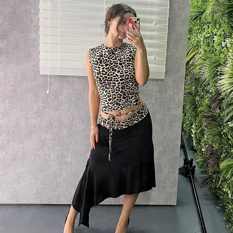 

Tuularose Leopard Print Skirt Two-Piece Set Women's Summer Printed Sleeveless Vest Skinny Hip Skirt Set Female Party Skirt Set