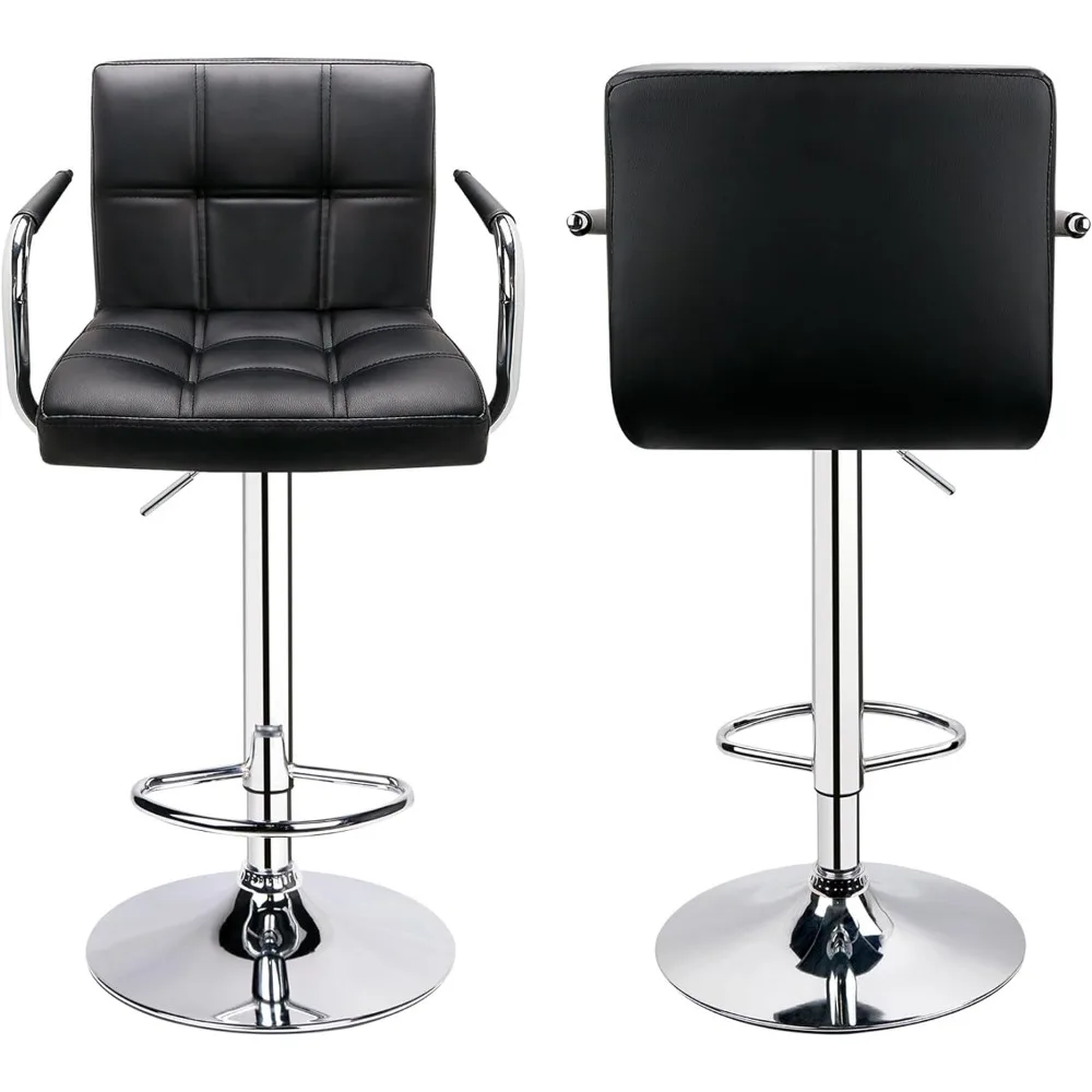 Adjustable Bar Stools with Armrest, Square Back Swivel Double Stitching with Back Bar Stool, Set of 2 (Black)