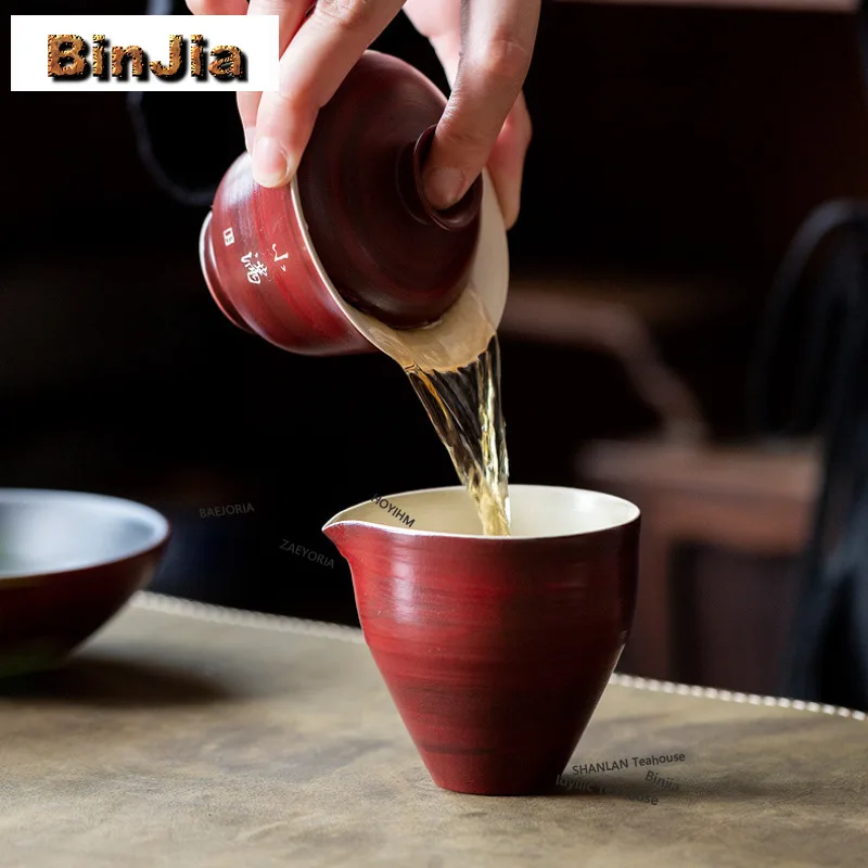 BAEJORIA 125ml Hawthorn Red Powder Handmade Coarse Pottery Gaiwan Elegant Tea Tureen Tea Bowl With Lid Kit Tea Maker Cover Bowl