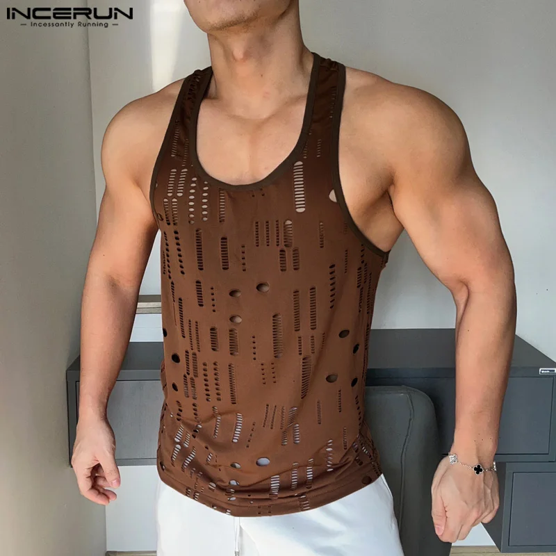 Men Tank Tops Hollow Out Solid O-neck Sleeveless Vests Streetwear 2024 Fitness Summer Sexy Fashion Men Clothing INCERUN S-5XL