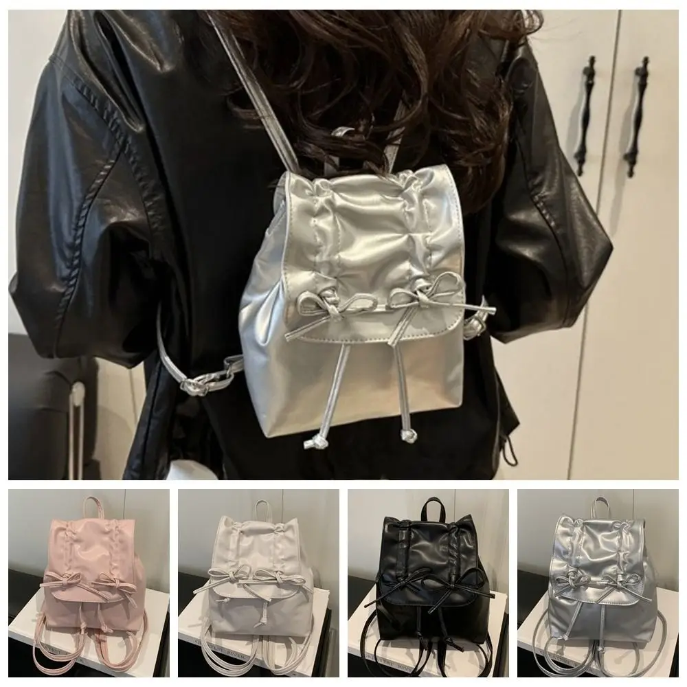 Sweet Tie Bow Backpack Y2k Solid Color Pu Leather Backpack Double Shoulder Bag Handbag Student School Bag Gift