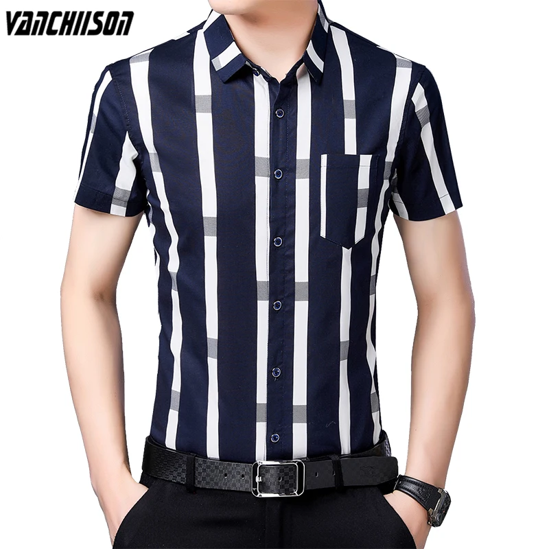 

Men 100% Cotton Shirt Tops Short Sleeve for Summer Stripes Retro Vintage Casual Male Fashion Clothing 00829