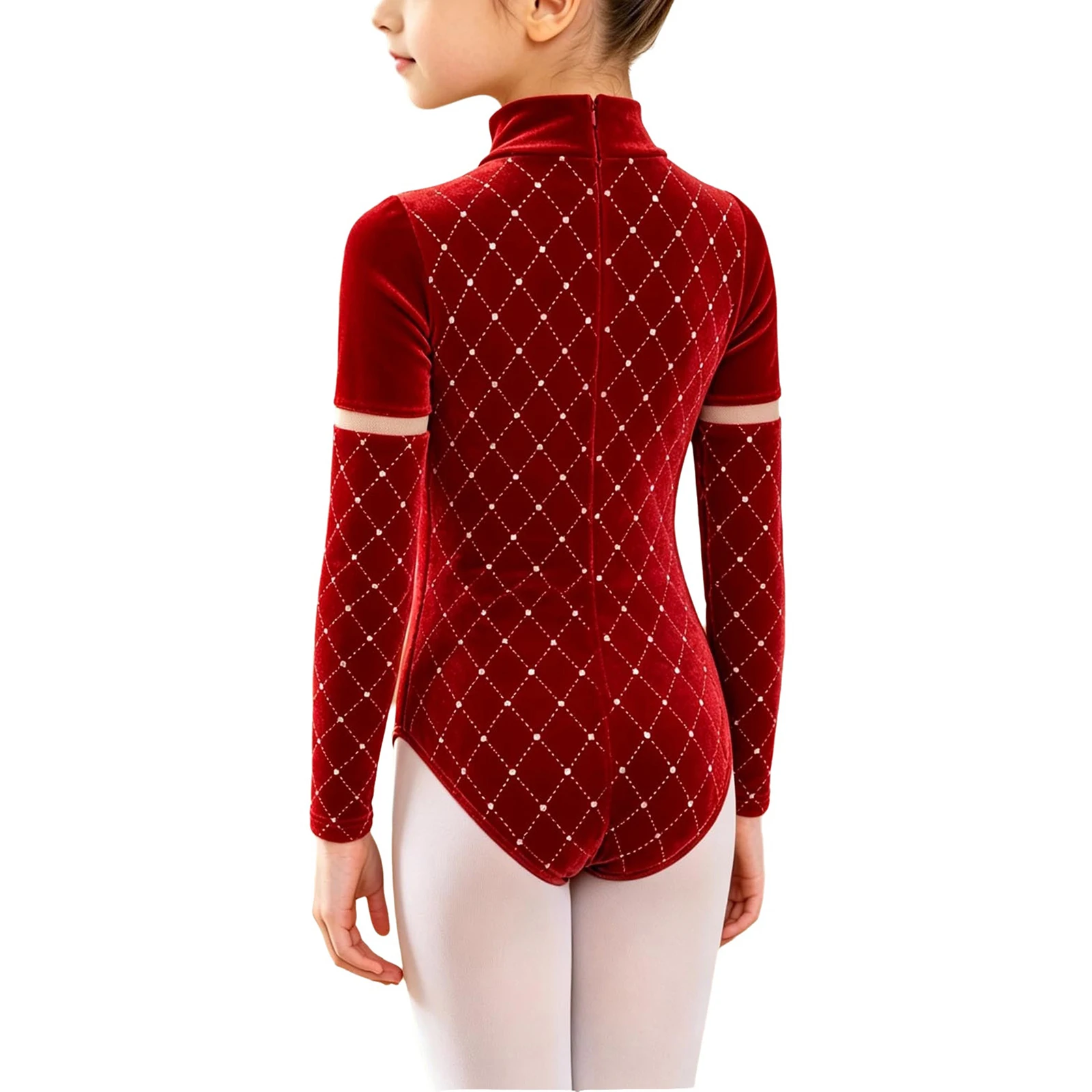 Kids Girls Ballet Dance Gymnastics Leotard Long Sleeve Metallic Rhombus Velvet Bodysuit Figure Skating Performance Costume
