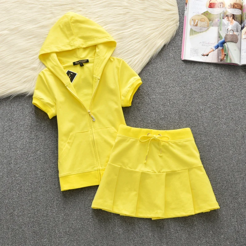 Tracksuit Women's Summer Two-piece Suit Solid Hooded Tops Sports Short Sleeve Club Short Skirt Sexy Sets Outfit Y2k