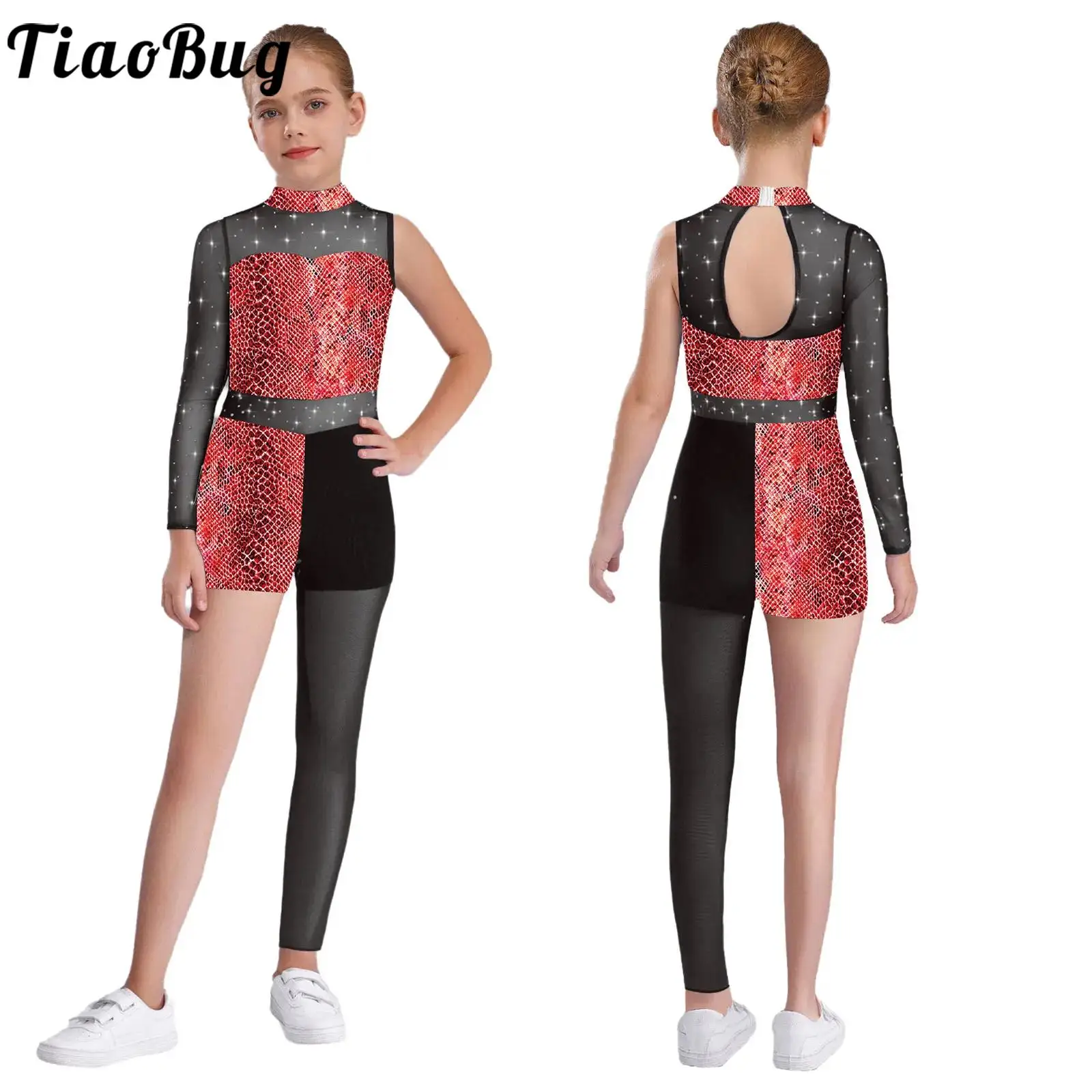 

Children Girls Gymnastics Leotard Figure Skating Dance Acrobatics Costume Rhinestones Sheer Mesh Printed Asymmetrical Bodysuit