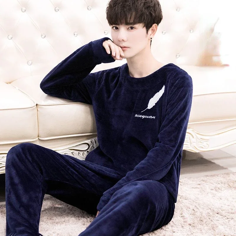 

Warm Sleepwear Men Pajama Set Pullover Long Sleeve Autumn Winter Homewear Set Casual Loose Korean Men Clothing Nightwear New