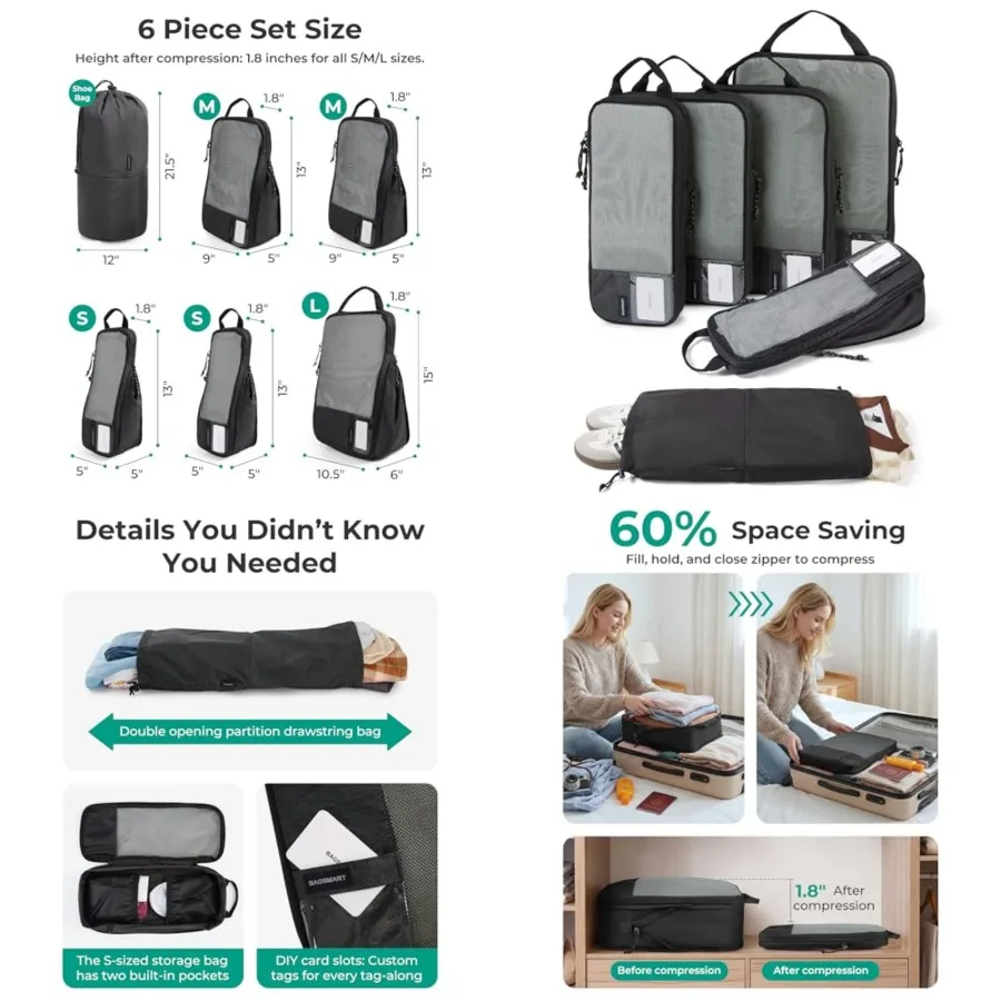 

6 Set/4 Set/2 Set Compression Packing Cubes for Travel, Lightweight Luggage Organizer Bags, Durable Space Saver Bags Travel Ess