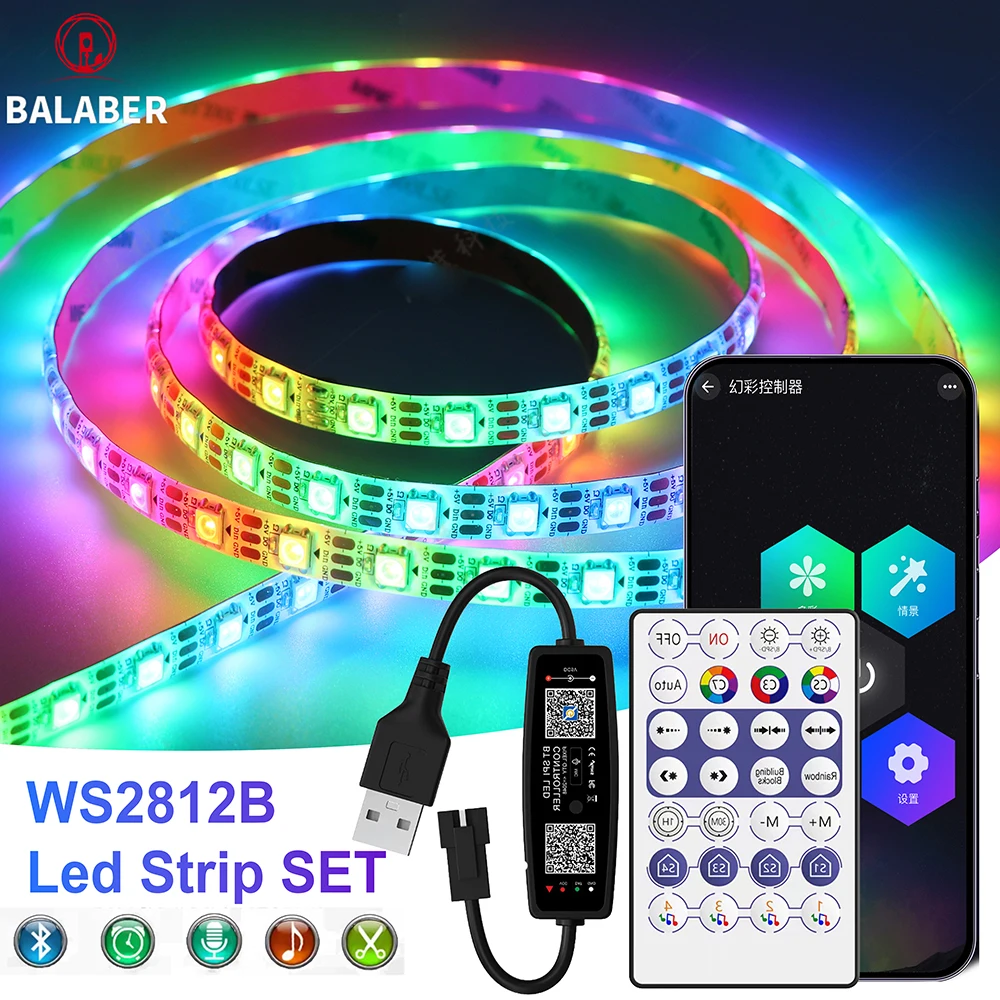 

USB Bluetooth Music Controller WS2812B RGB LED Strip Kit 28Keys Individually Addressable Smart LED Strip 30/60/74/96/144Leds/m