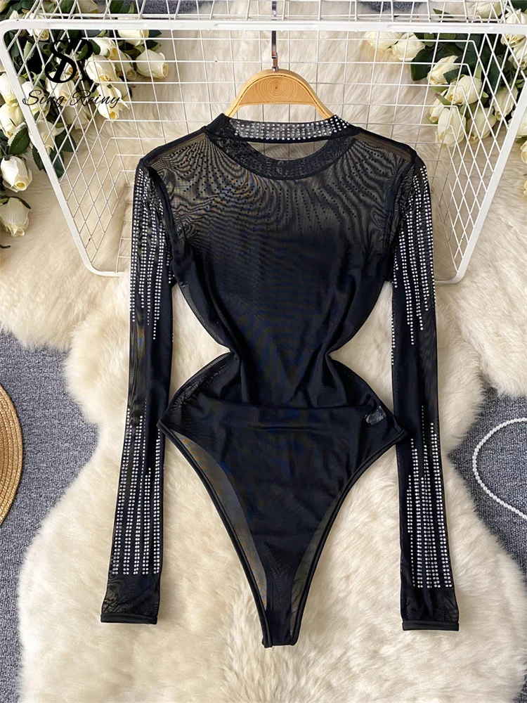 SINGREINY Senior INS Sexy Hotsweet Bodysuit 2024 Summer Streetwear Basics Slim Top Ladies O Neck Mesh Sheer Diamond Playsuits