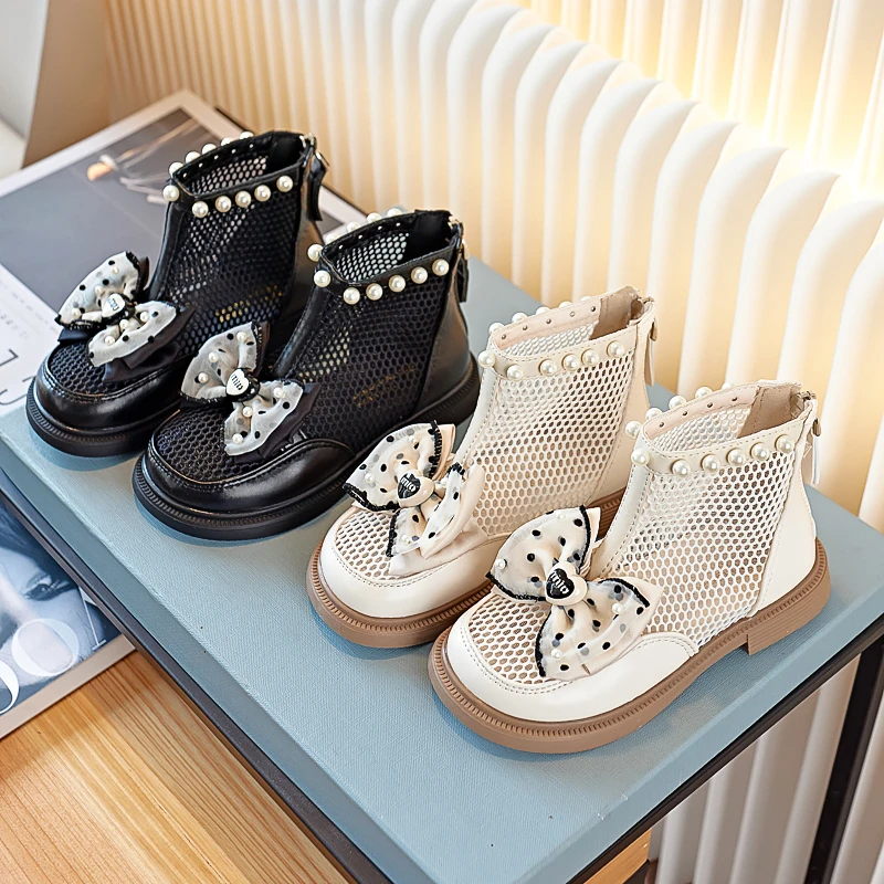 

Girls Black Non-slip Kids Fashion Bow Elegant 2025 Summer British Style Child Beach Shoe Casual High-Top Mesh Sandals Breathable