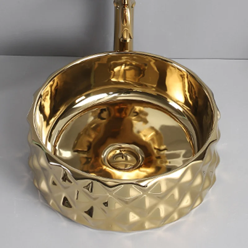 حوض غسيل سيراميك ذهبي أنيق، حوض غسيل سيراميك بتصميم دائري - مثالي لتركيبات الحمام الحديثة، مناسب لغرف الملابس والزينة والحمامات #4