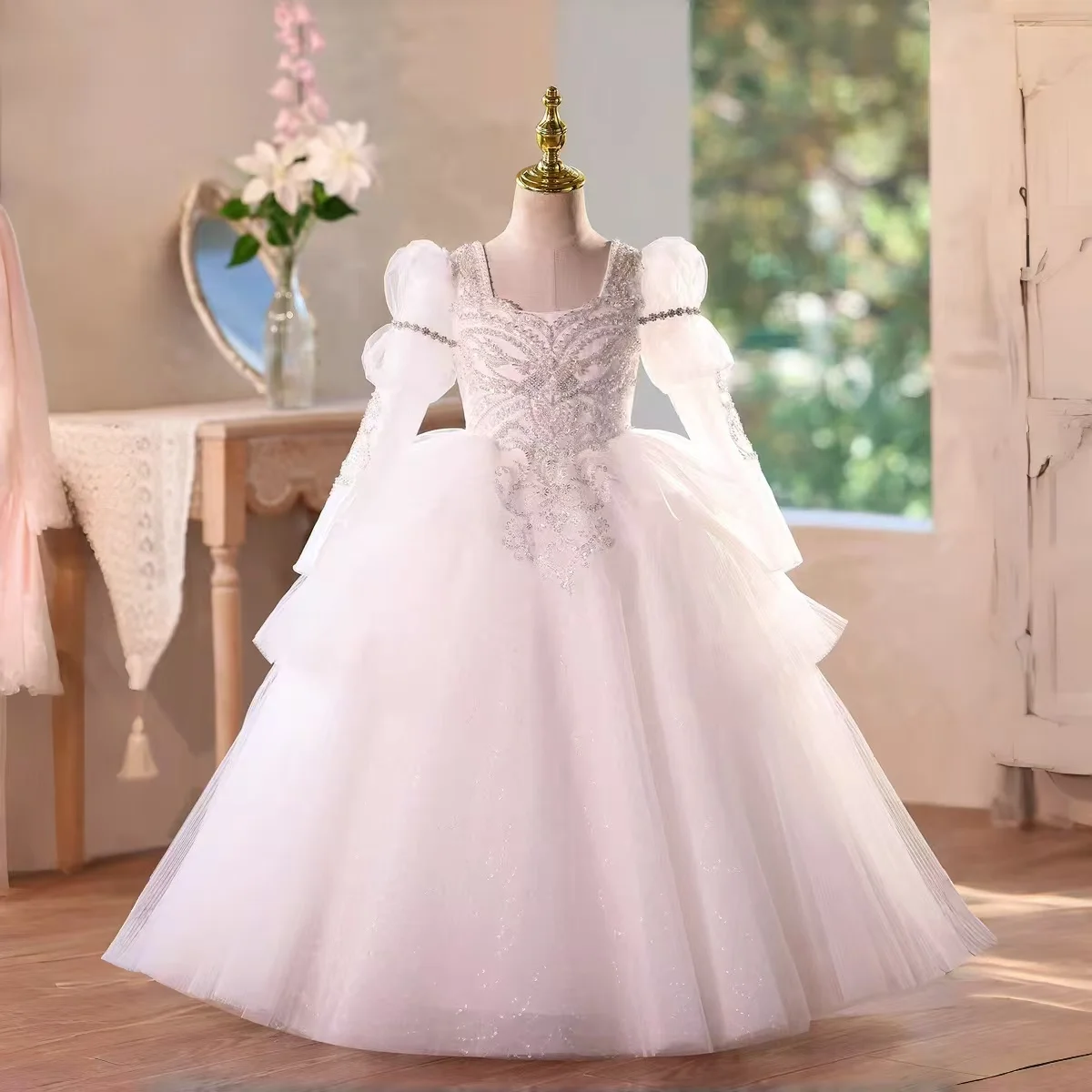 

Jill Wish M019 Белое платье трапециевидной формы с длинными рукавами для девочек с цветочным узором, роскошное платье принцессы из бисера для детей, конкурс на день рождения, свадьбу