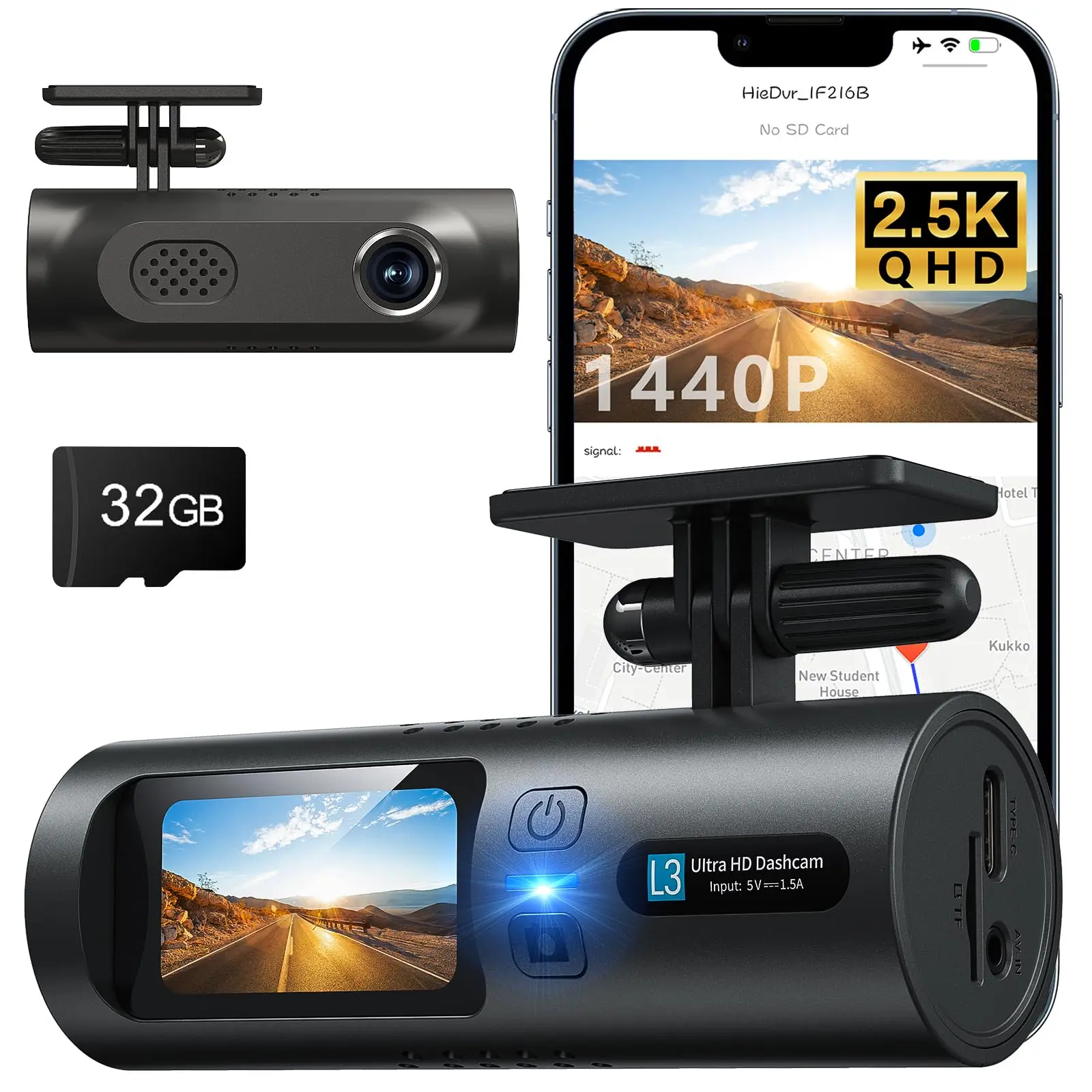 

Dash Cam, 2.5K 1440P HD Dash Camera, Smart Car Video Recorder with App, Built-in WiFi, Wide-Angle, Night Vision, WDR, G-Sensor