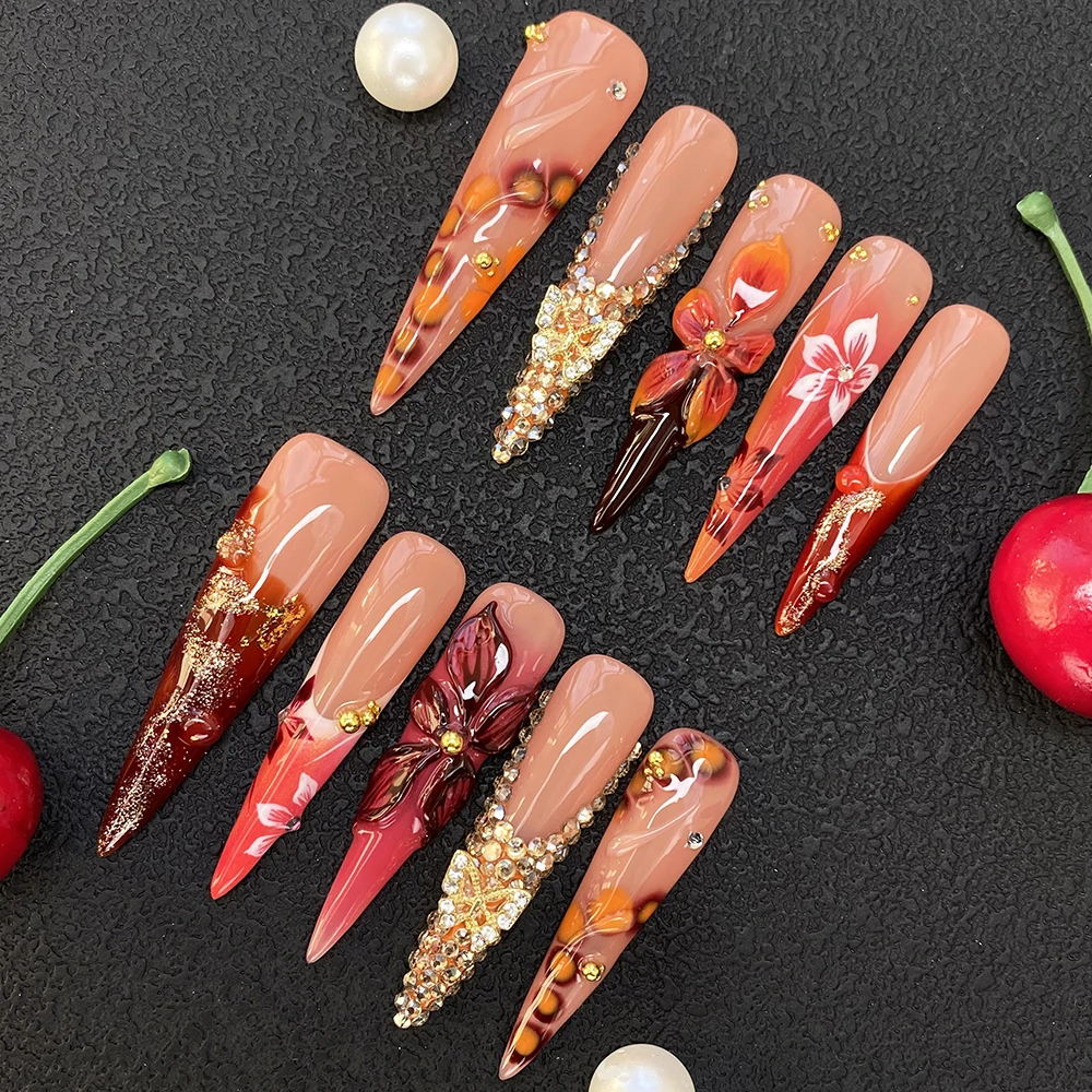 

Горячая распродажа: Удлиненные накладные ногти-стилеты с резным цветочным узором, индивидуальный дизайн, многоразовые, 100% ручная работа, акриловые, полное покрытие, для нейл-арта