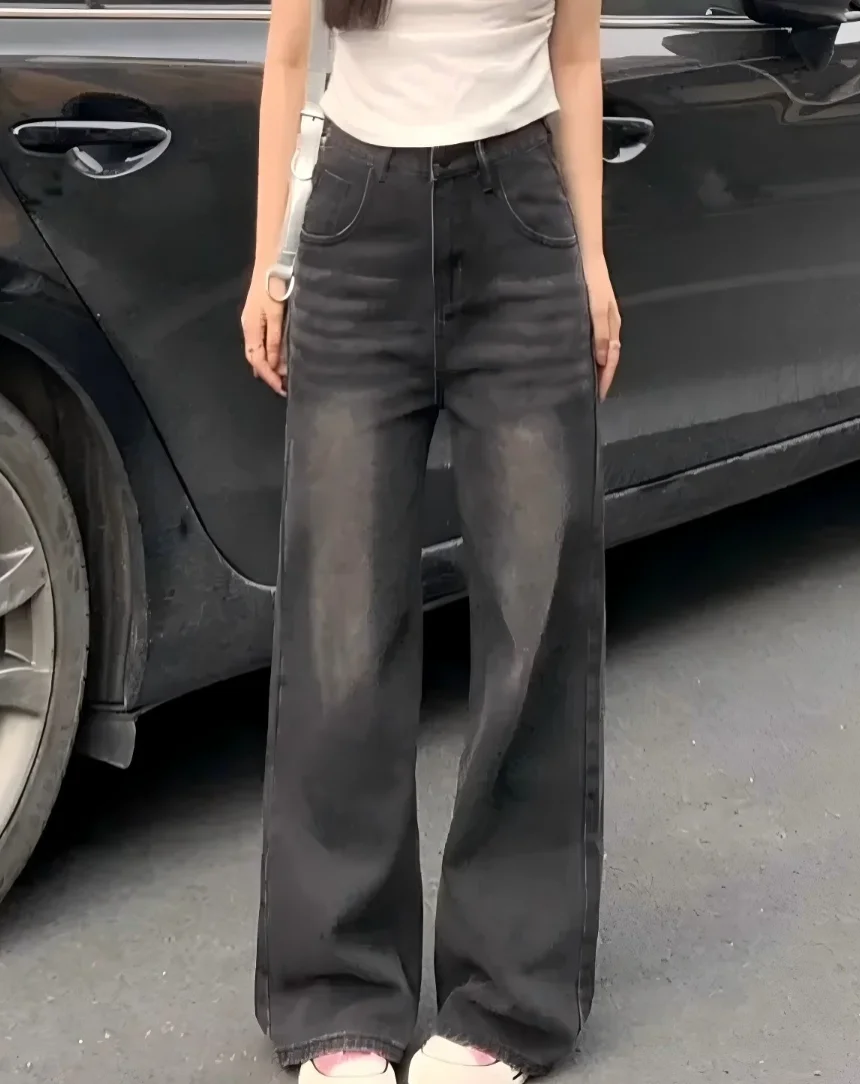 

Dark Grey Distressed Jeans Women's Vintage High-Waisted Wide Leg Straight Denim Pants Autumn/winter New
