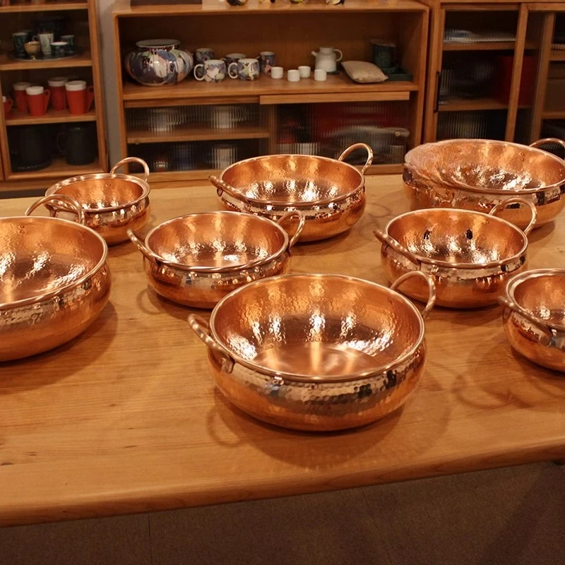 Hand-Hammered Turkish Copper Pot Vintage Single Serving Hot Pot with Double Handles Herb Simmering Pot for Shabu/Ashiyo Cookware