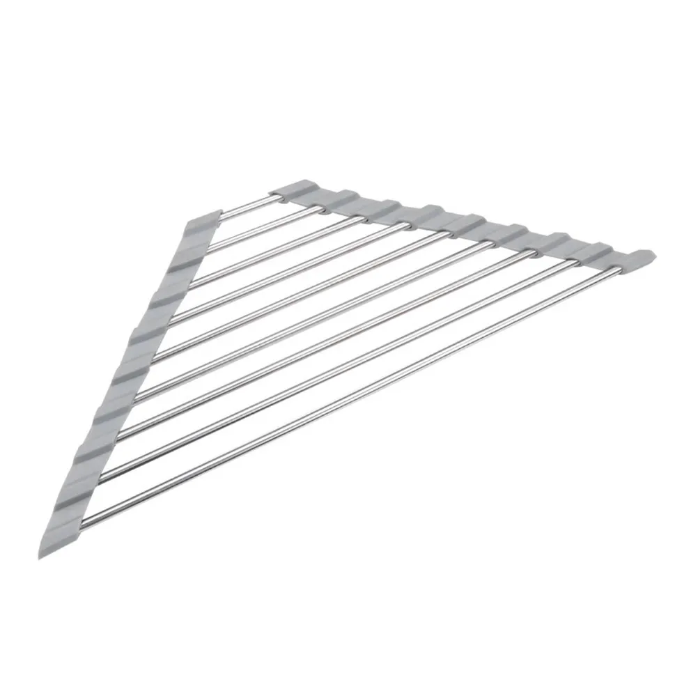 Triangular Sink Corner Drying Rack – Roll-Up Stainless Steel Sponge Holder & Strainer for Kitchen Storage