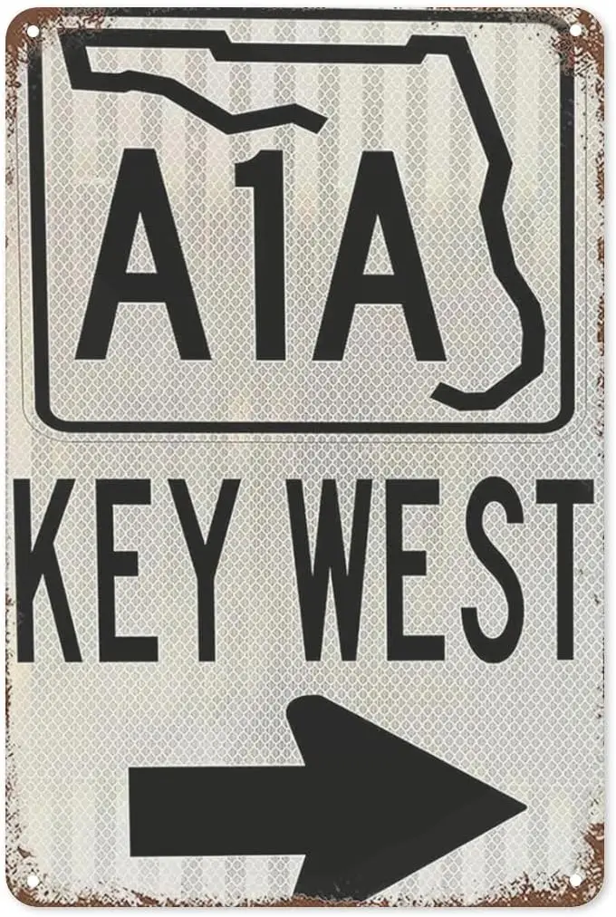 Vintage Metal Tin Sign A1A Road Wall Art Decor, Key West Florida Dot Ocean Beach Spring Break Surf Ski Hut Roadside Vintage sign
