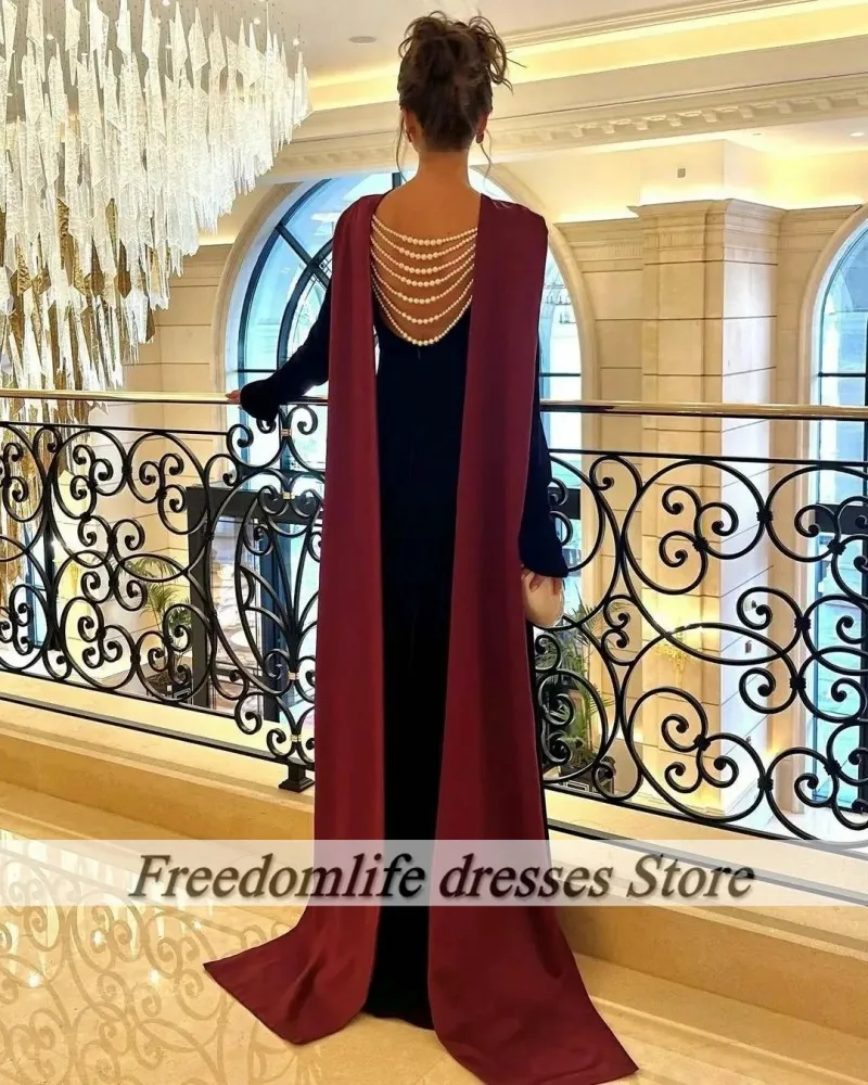 Stunning Burgundy Evening Dresses With Cape Backless Pearls Arabic Dubai Wedding Party Gowns Long Sleeve Velvet Vestido De Noche